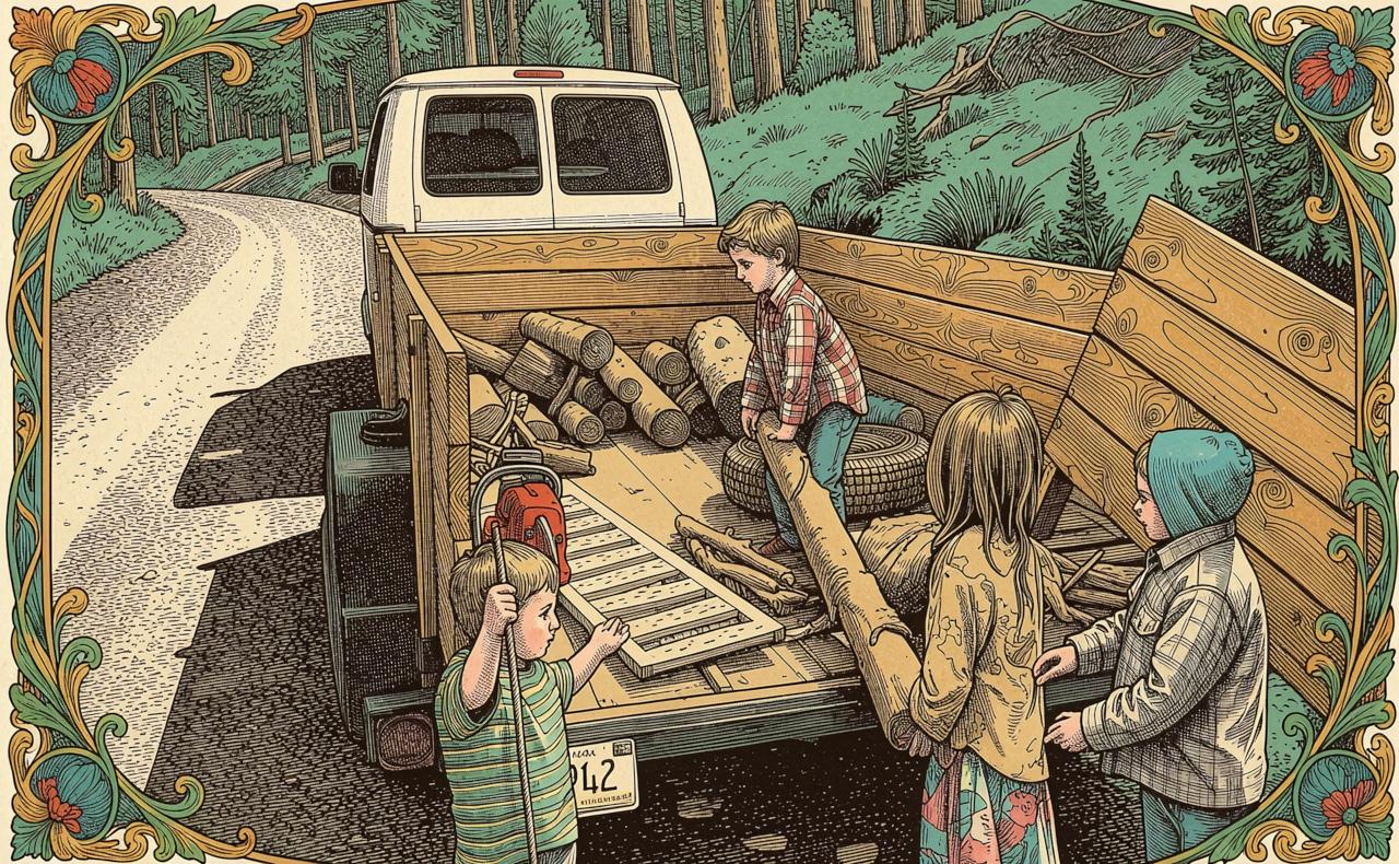 Four children loading cut timber into a pickup on a forest road, drawn as an engraved plate