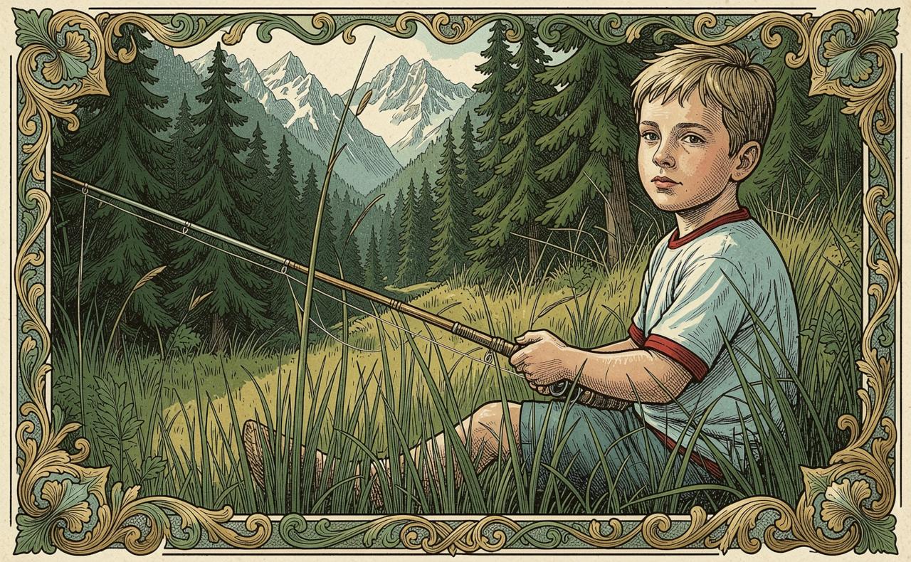 A boy fishing a creek below the pines, drawn as an engraved plate